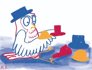 Grafika przedstawia sowę zastanawiającą się nad wyborem kapelusza.