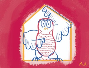 Grafika przedstawia sowę, która się niepokoi. Grafikę wykonała Maja Ł.