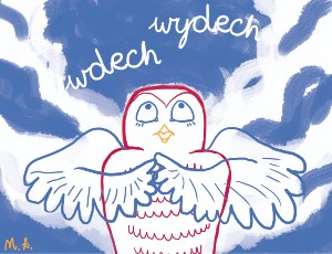 Grafika przedstawia sowę próbującą się uspokoić. W tle są napisy: wdech, wydech. Grafikę wykonała Maja Ł.